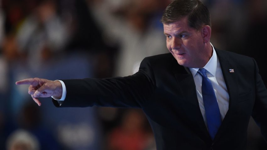 Marty Walsh, Mayor of Boston, gestures after speaking during Day 1 of the Democratic National Convention at the Wells Fargo Center in Philadelphia, Pennsylvania, July 25, 2016. / AFP PHOTO / Robyn BECKROBYN BECK/AFP/Getty Images